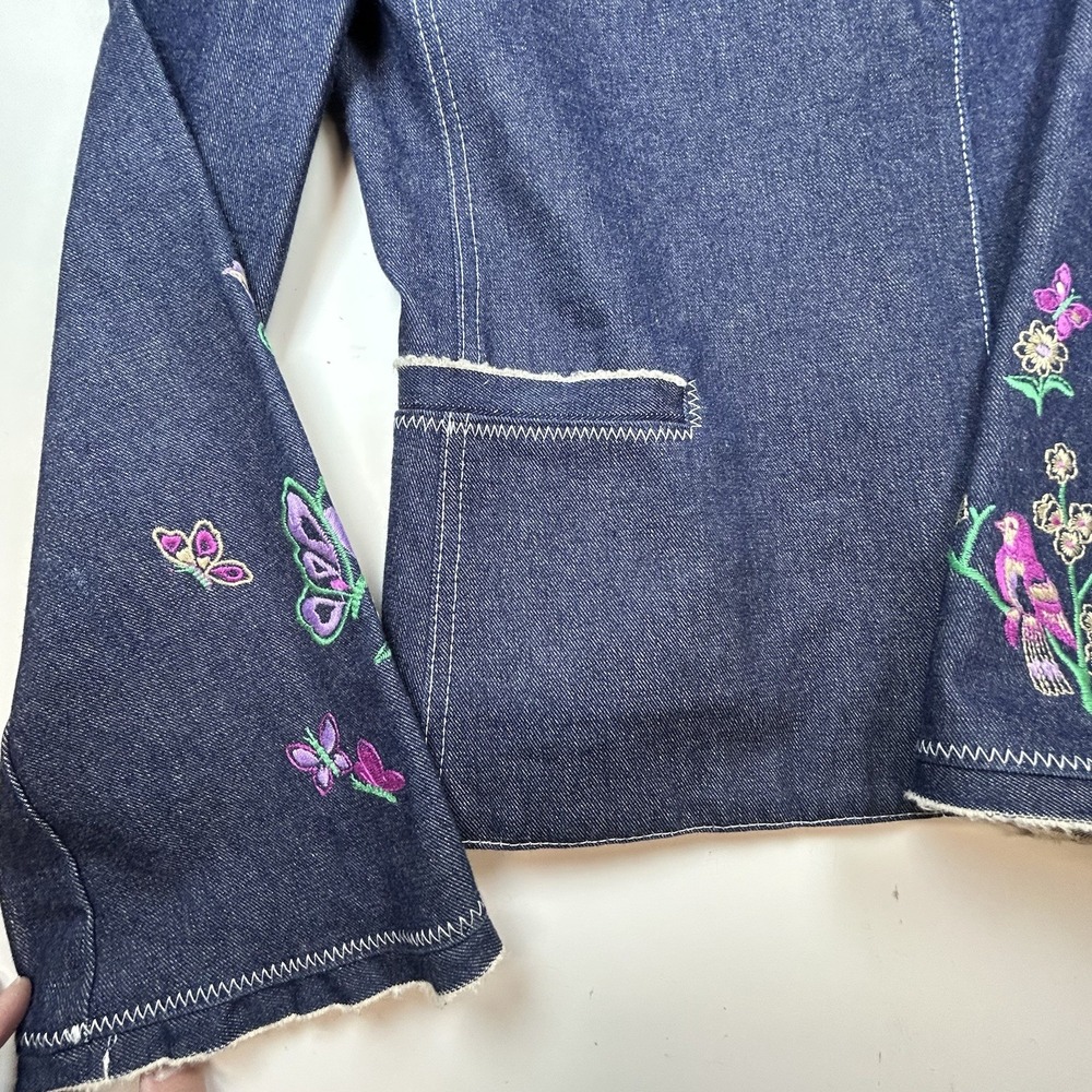 Scrupoli Women Blue Embroidered Blazer Italy 42 US 4-6 Cotton Blend Bird Floral - Picture 3 of 10